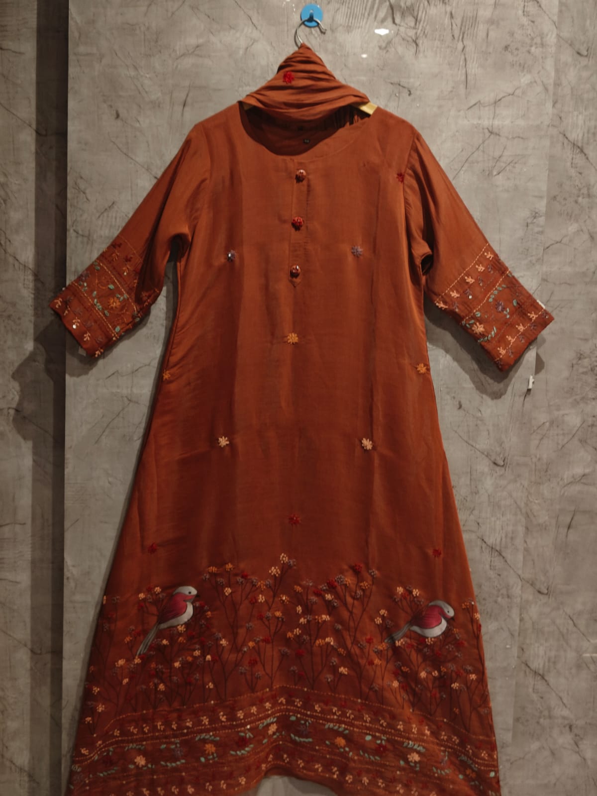 Rust Orange Mul  Chanderi Thread Embroidery A Line Kurtha 63
