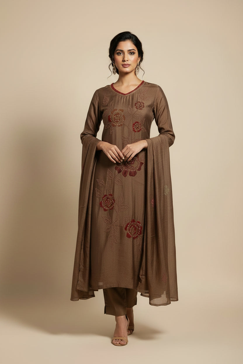 Coffee Brown Mul  Chanderi Thread Embroidery A Line Kurtha 63
