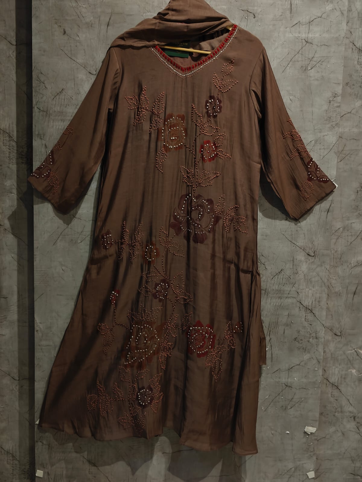 Coffee Brown Mul  Chanderi Thread Embroidery A Line Kurtha 63