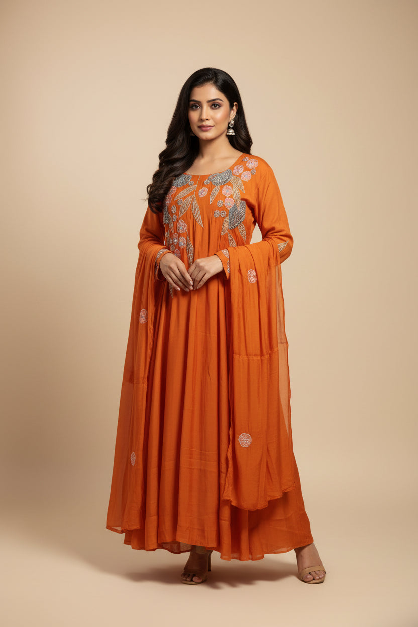 Orange Mul  Chanderi Thread Embroidery A Line Kurtha 63