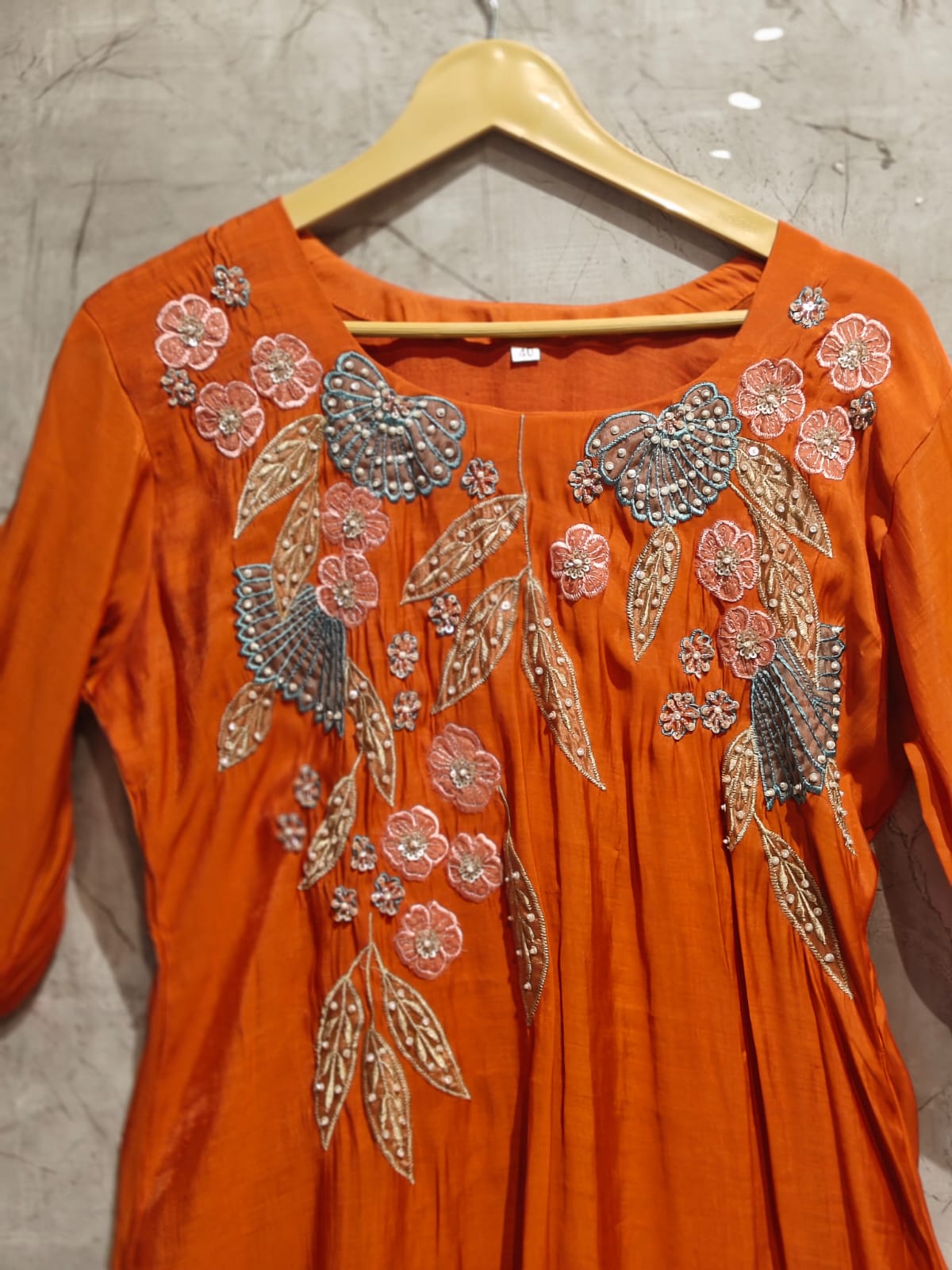 Orange Mul  Chanderi Thread Embroidery A Line Kurtha 63