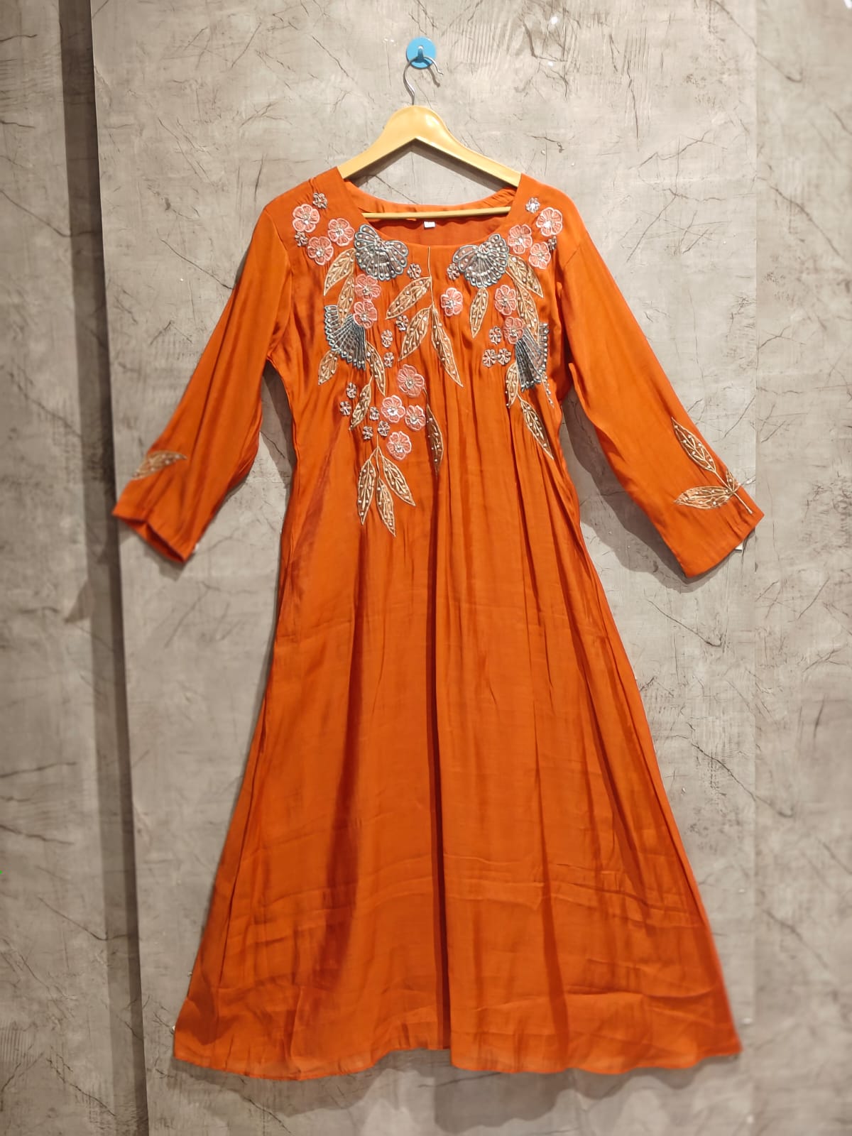 Orange Mul  Chanderi Thread Embroidery A Line Kurtha 63
