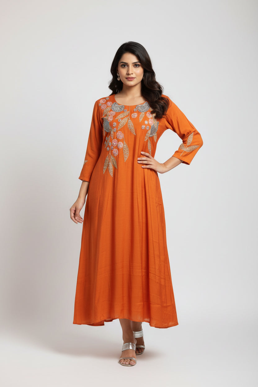 Orange Mul  Chanderi Thread Embroidery A Line Kurtha 63
