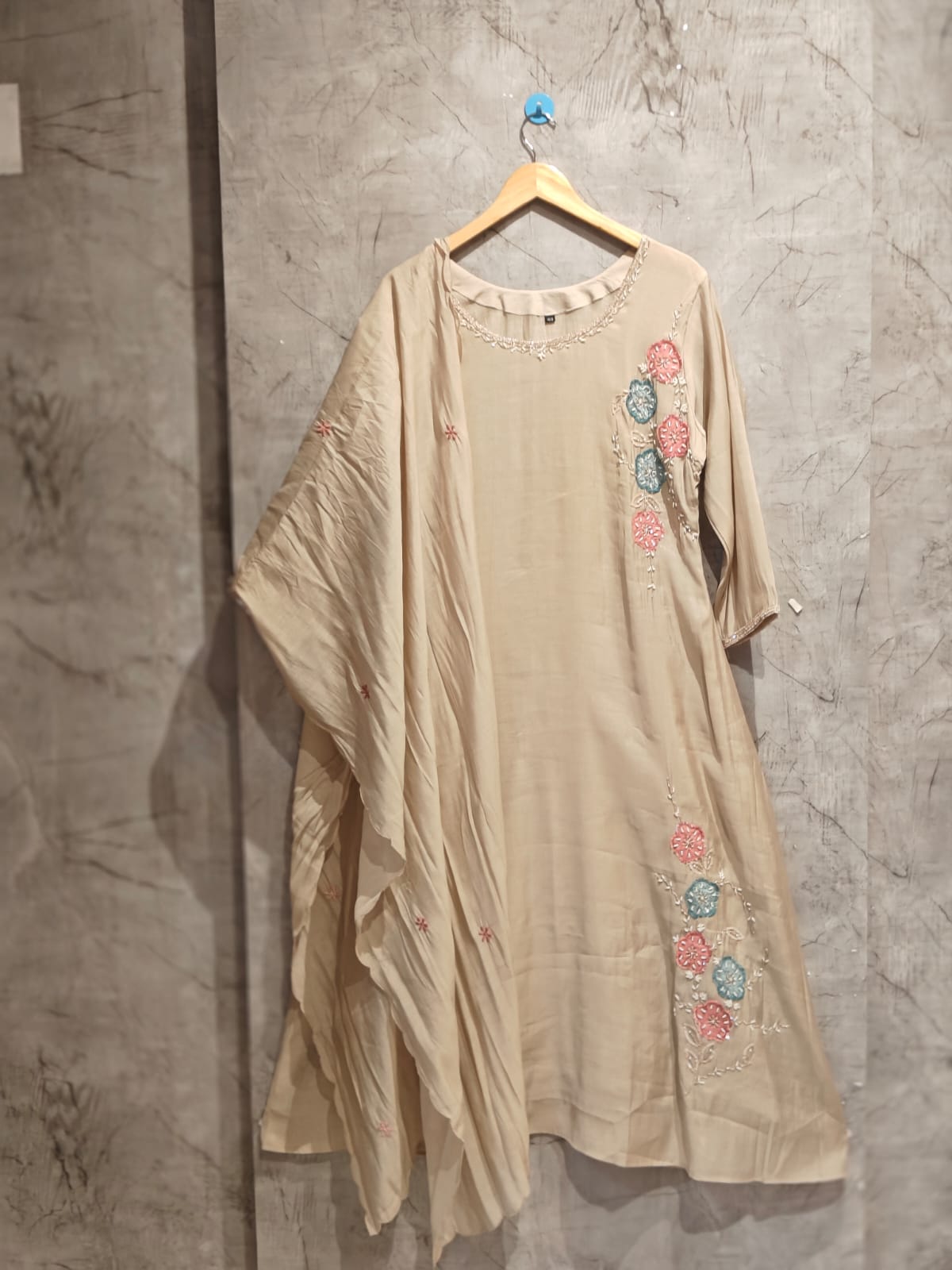 Beige Mul Chanderi Hand  Embroidery A Line Kurtha 63