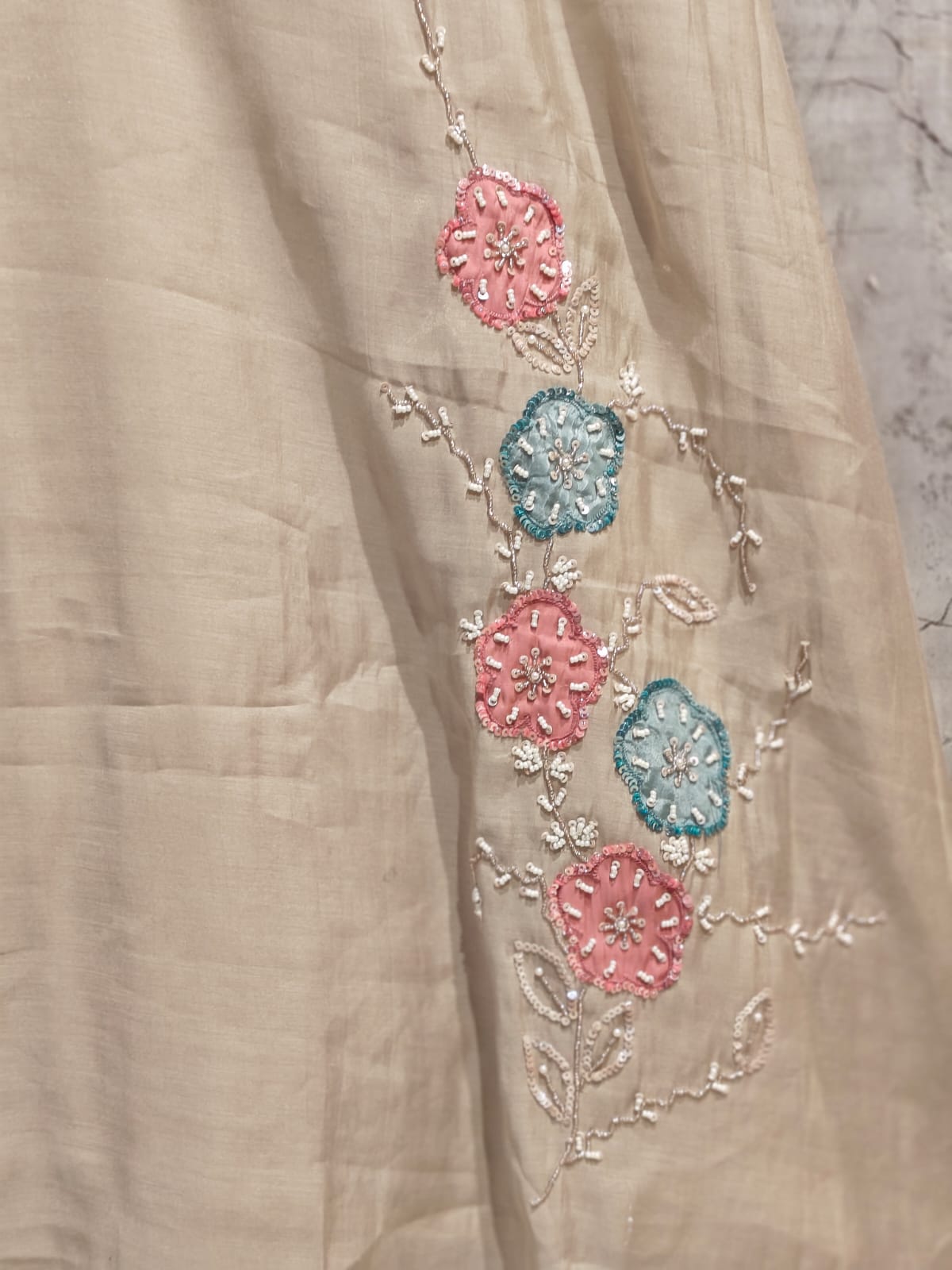 Beige Mul Chanderi Hand  Embroidery A Line Kurtha 63