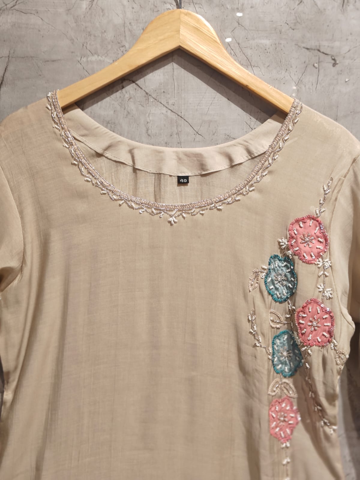 Beige Mul Chanderi Hand  Embroidery A Line Kurtha 63