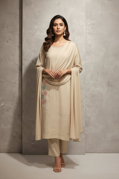 Beige Mul Chanderi Hand  Embroidery A Line Kurtha 63