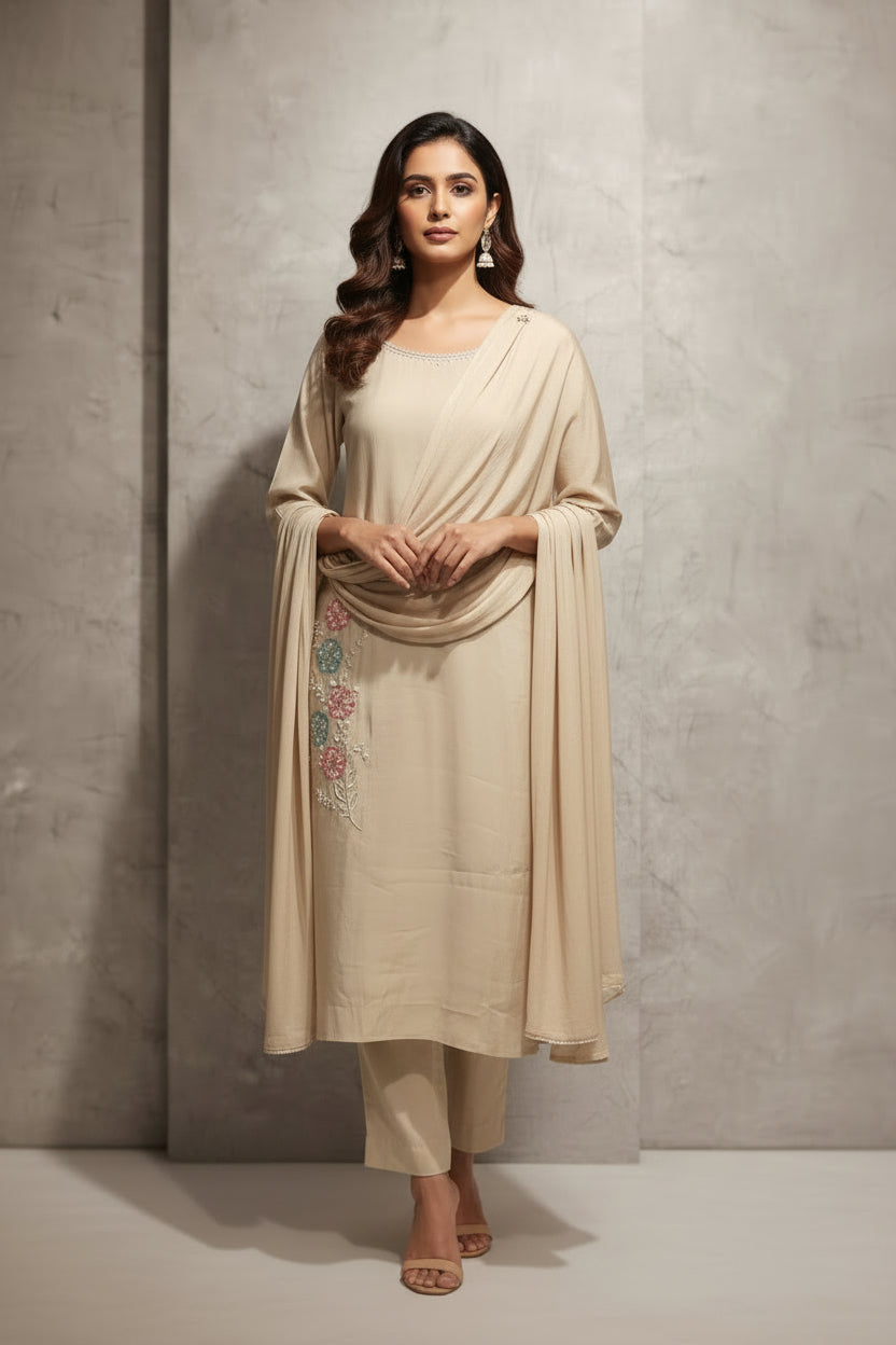 Beige Mul Chanderi Hand  Embroidery A Line Kurtha 63