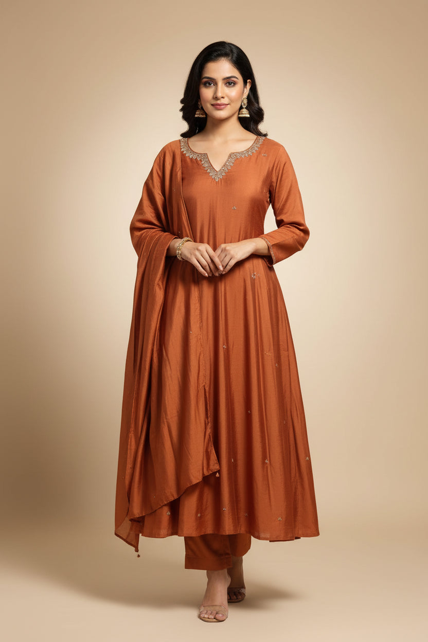 Rustic Orange Mul  Chanderi Hand Embroidery A Line Kurtha 63