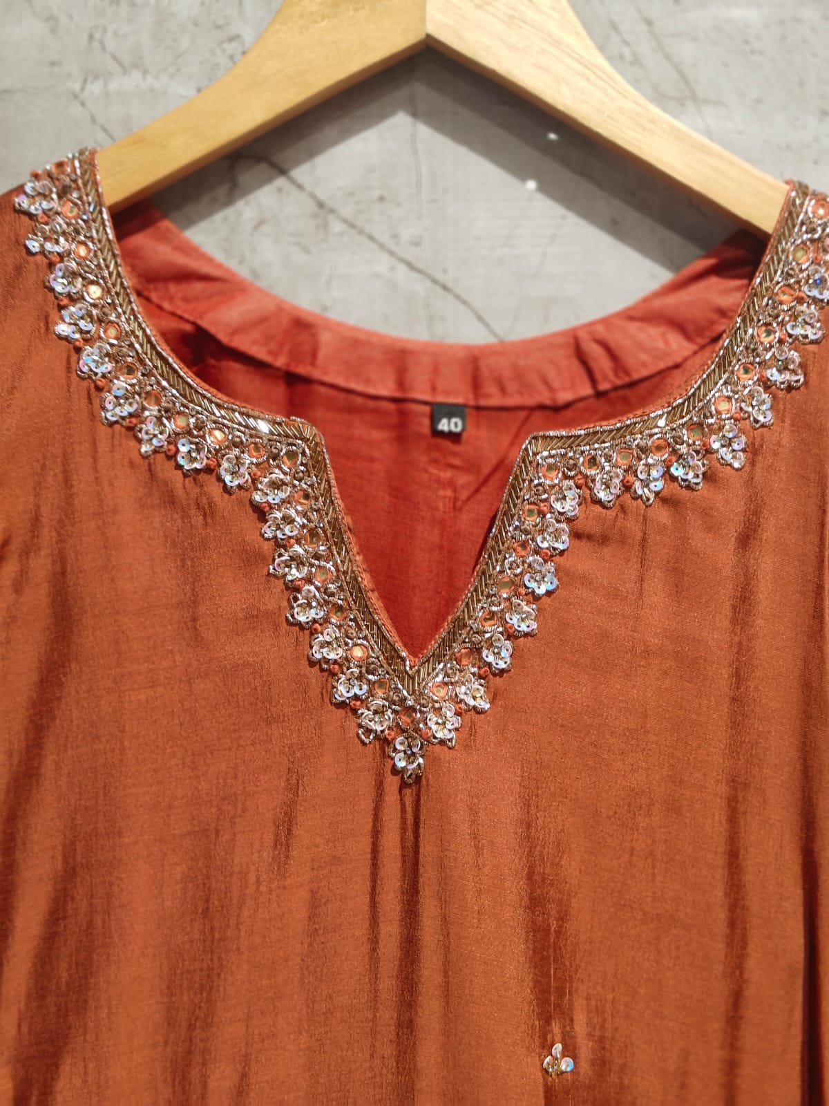 Rustic Orange Mul  Chanderi Hand Embroidery A Line Kurtha 63