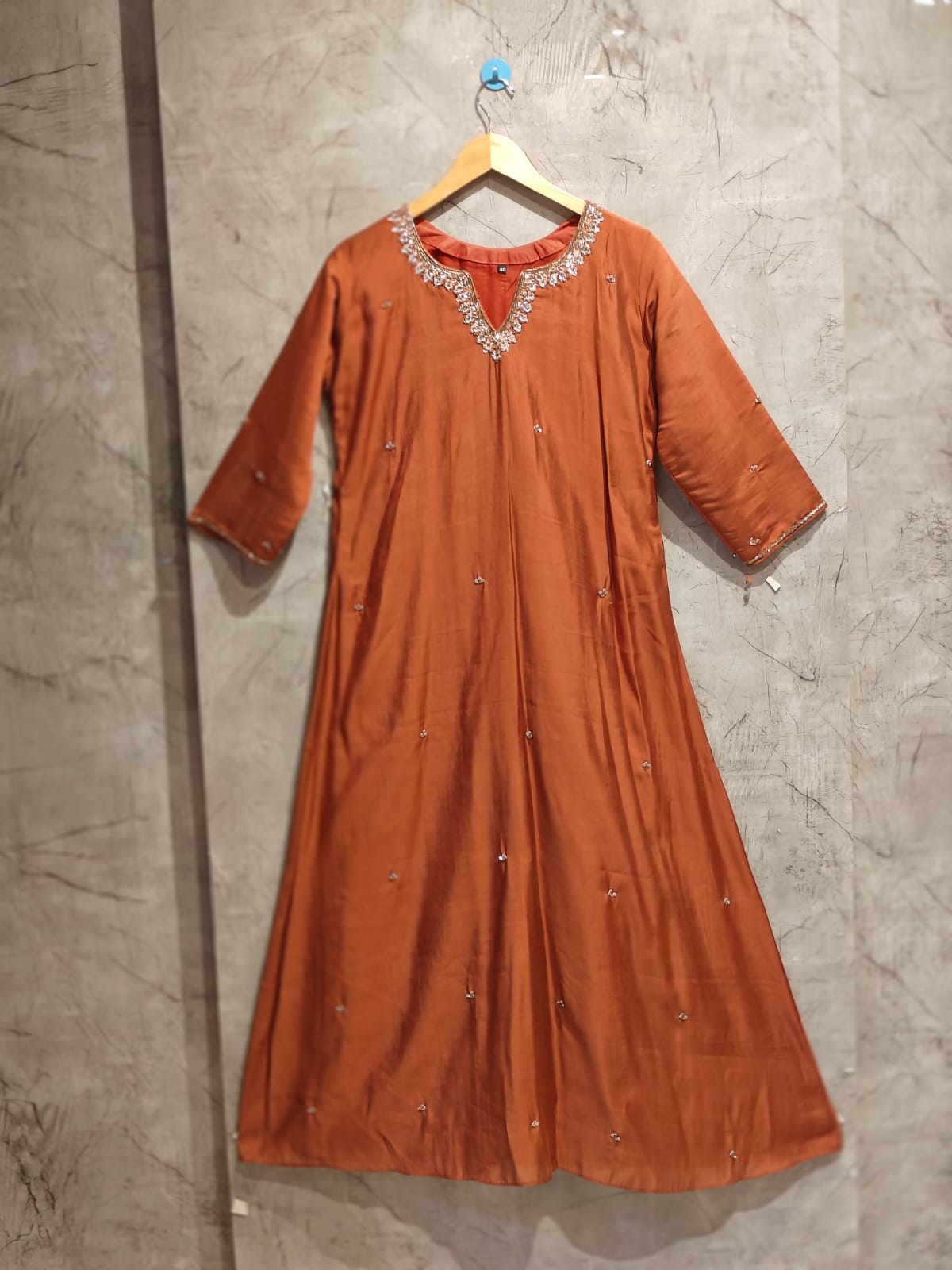 Rustic Orange Mul  Chanderi Hand Embroidery A Line Kurtha 63