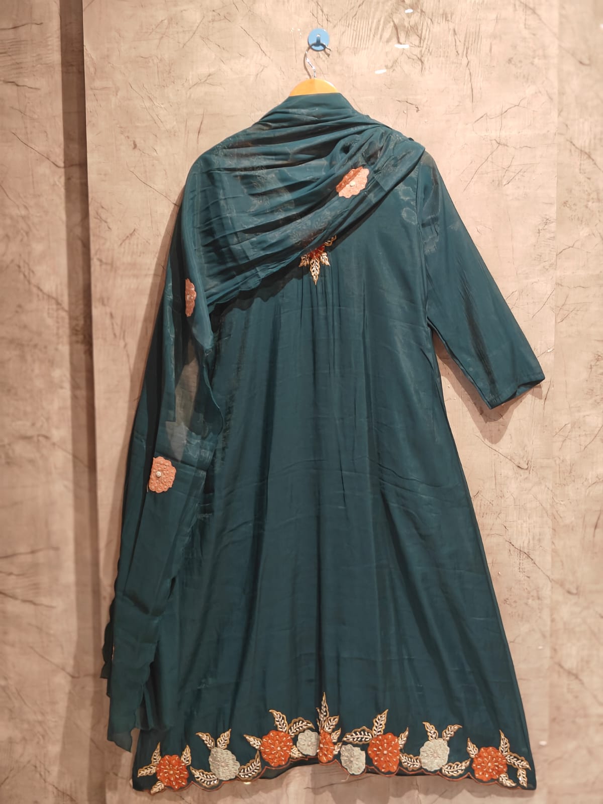 Steal Blue Mul Chanderi Thread Embroidery A Line Kurtha 63