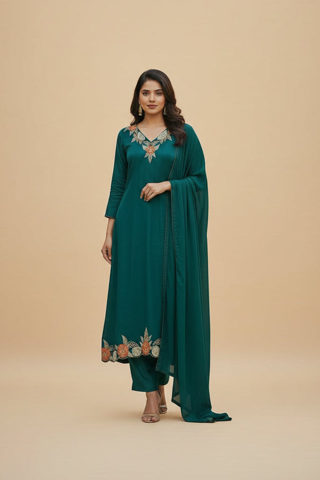 Steal Blue Mul Chanderi Thread Embroidery A Line Kurtha 63