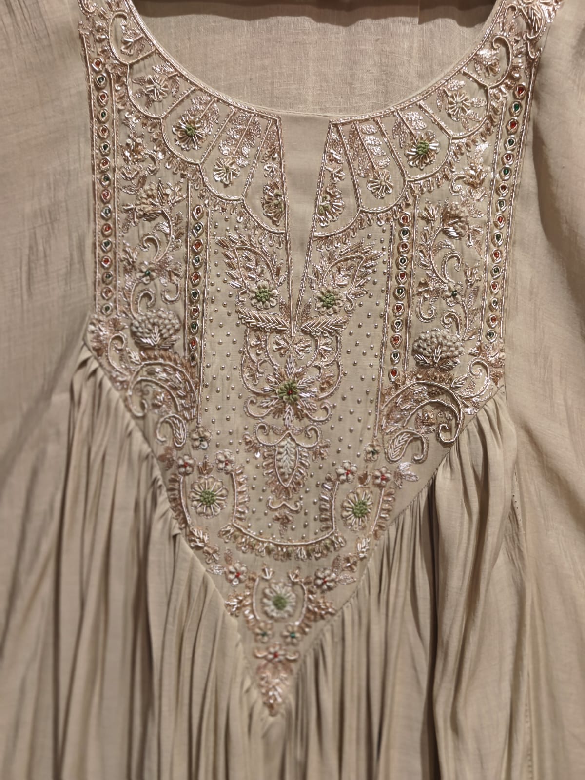 Beige Mul  Chanderi Hand Embroidery A Line Kurtha 63
