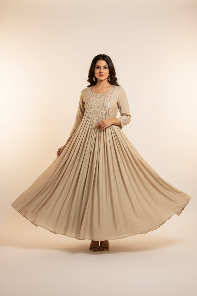 Beige Mul  Chanderi Hand Embroidery A Line Kurtha 63