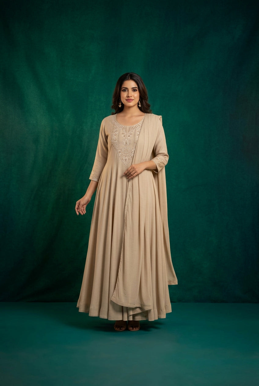 Beige Mul  Chanderi Hand Embroidery A Line Kurtha 63