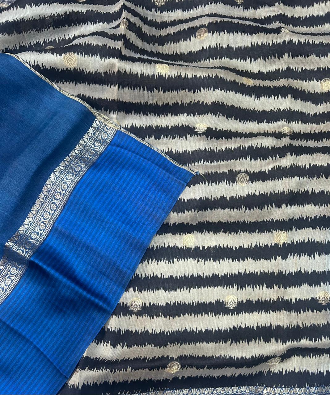 Cream n Blue Pure Handloom Tussar Saree PHT106