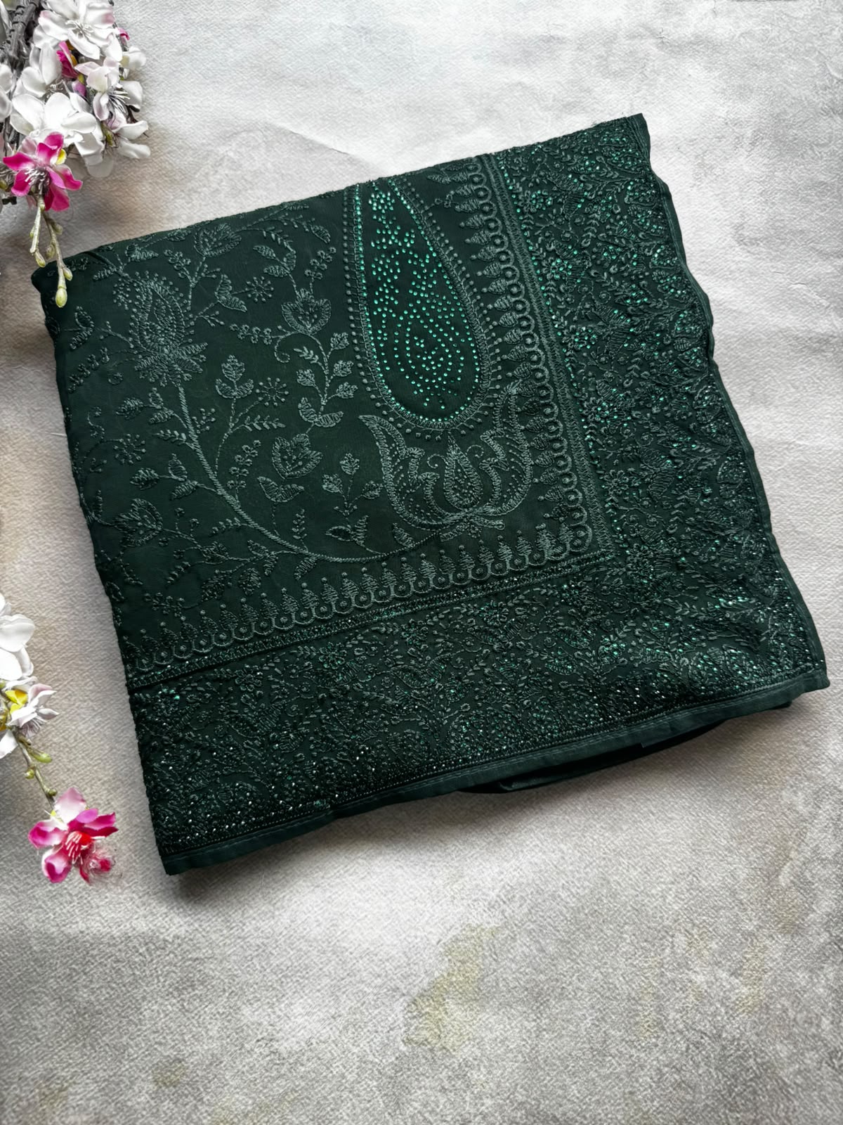 Bottle green chikankari georgette saree