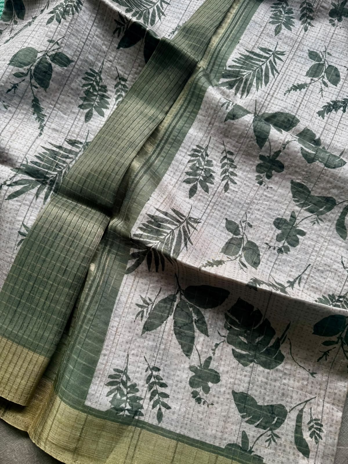 Cream n green crepe saree