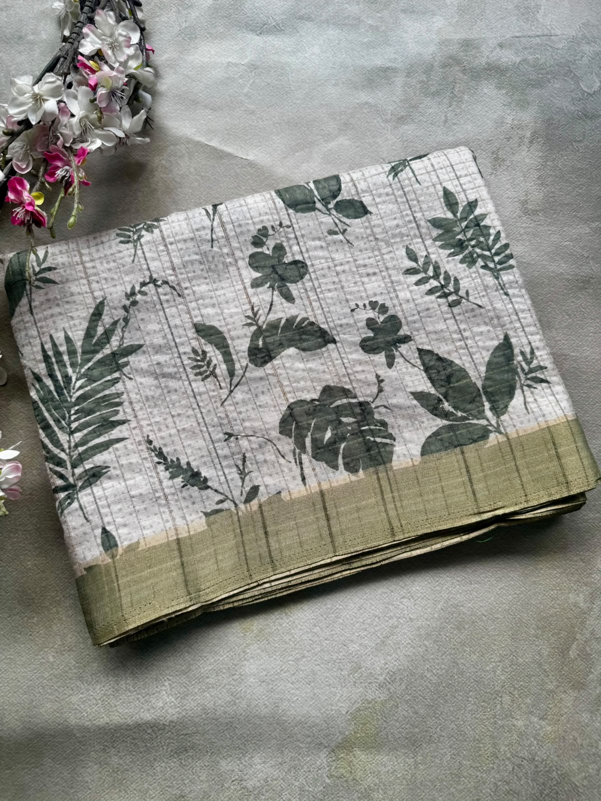 Cream n green crepe saree