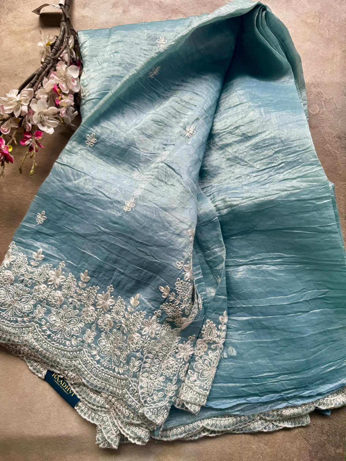 Sky blue crush tissue saree