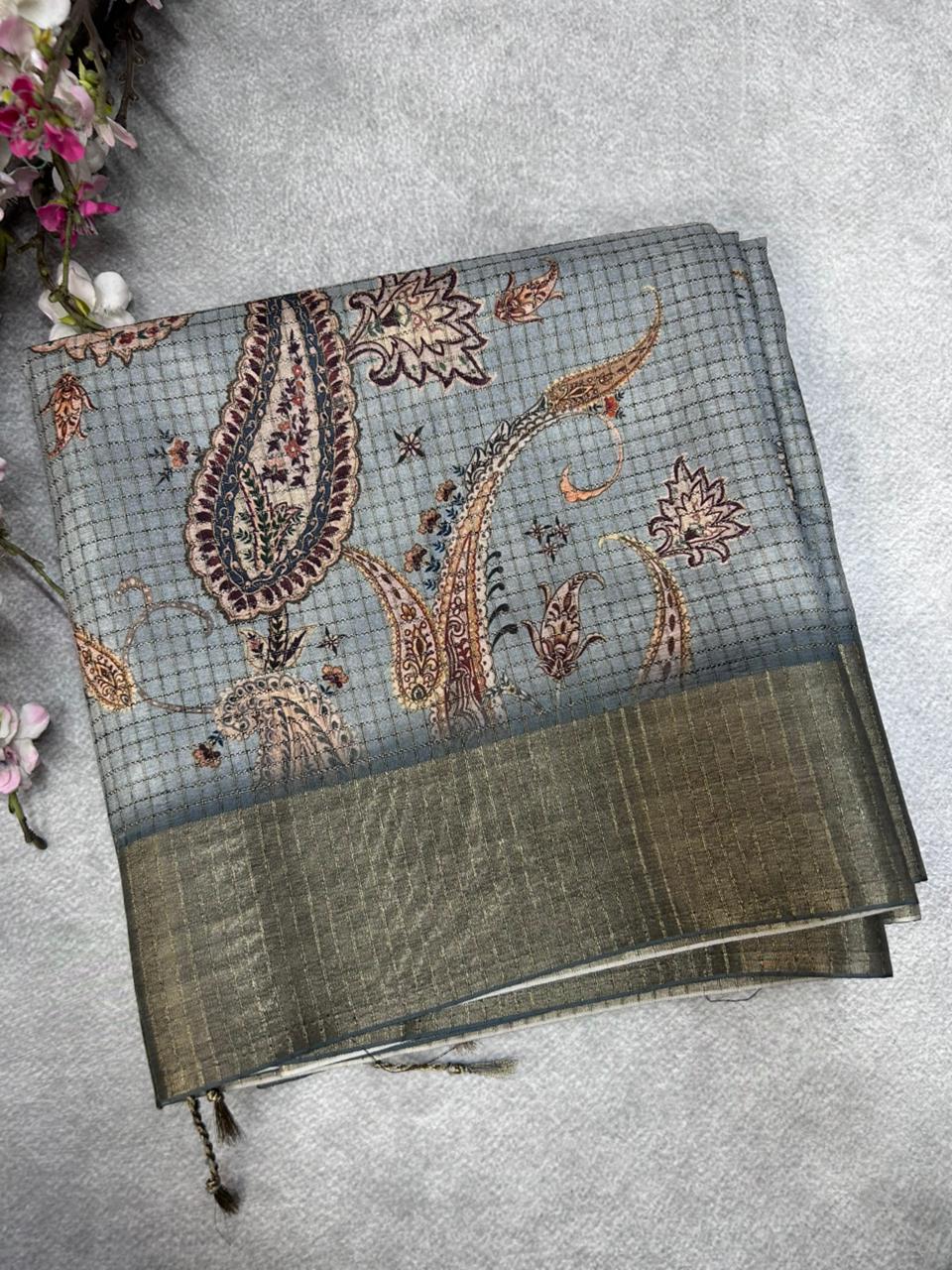 Grey tussar crepe saree