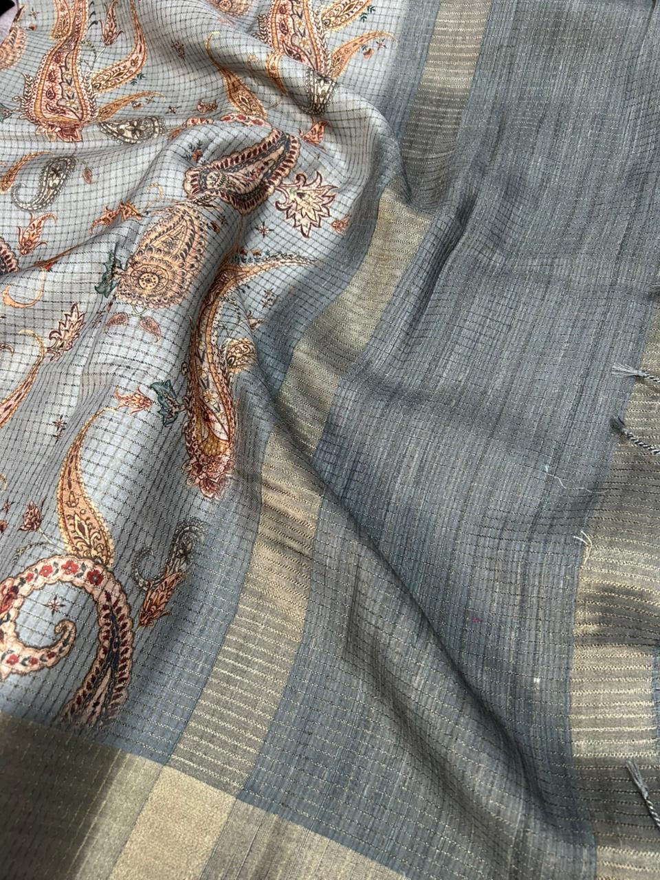 Grey tussar crepe saree