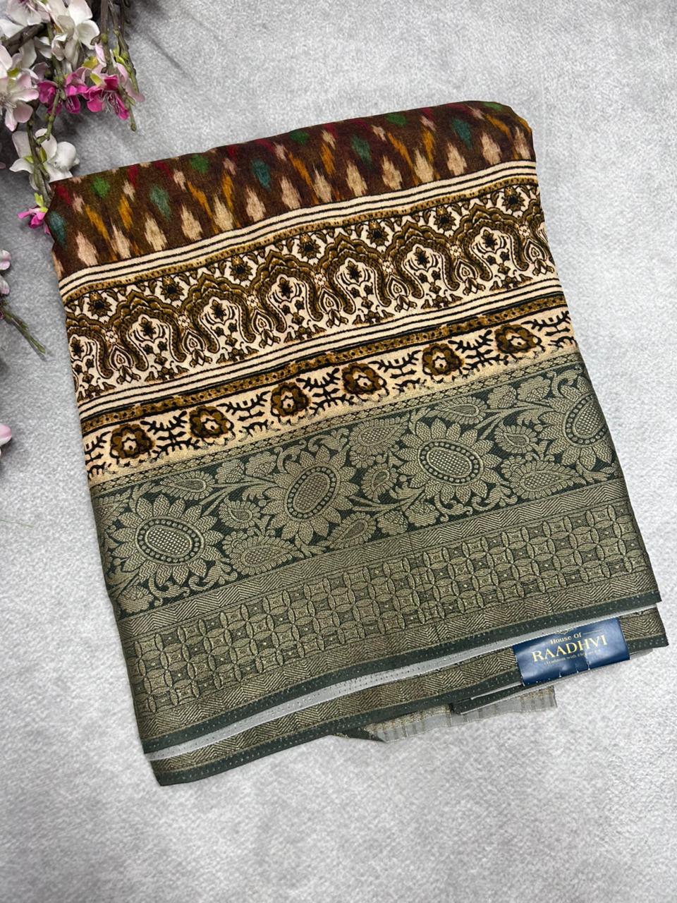 Brown n green digital print crepe silk saree