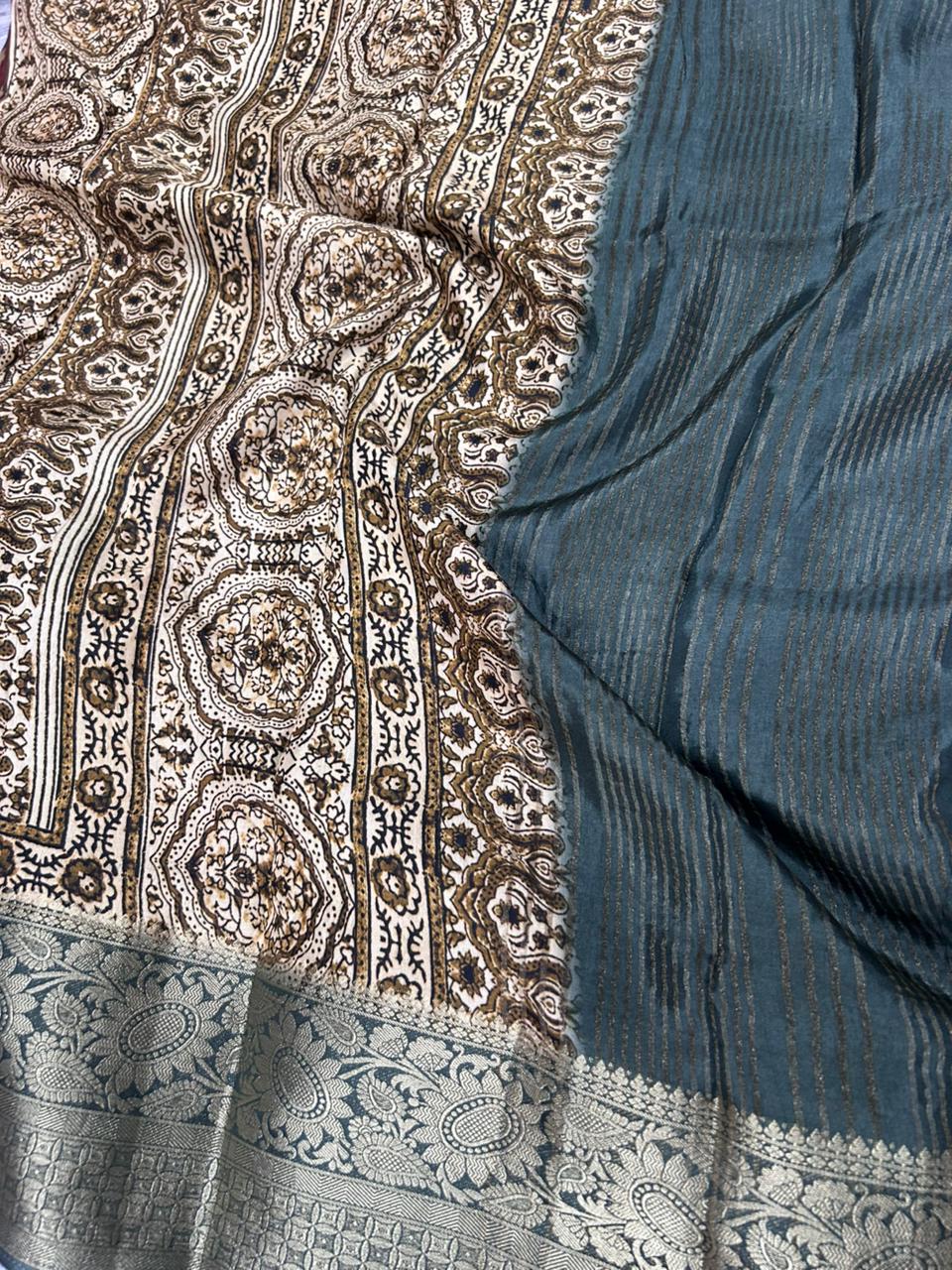 Brown n green digital print crepe silk saree