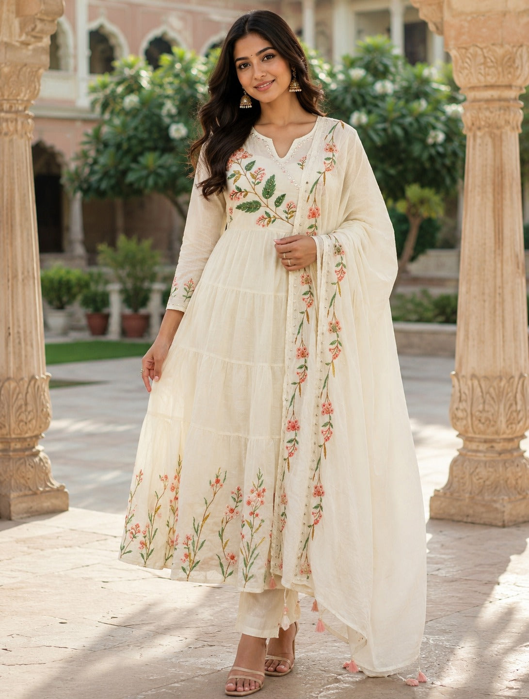 White Mul Cotton Hand Embroidery Anarkali Kurtha 882