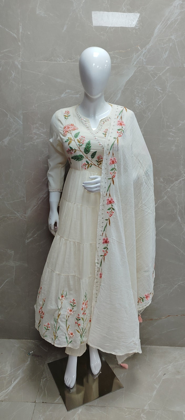 White Mul Cotton Hand Embroidery Anarkali Kurtha 882