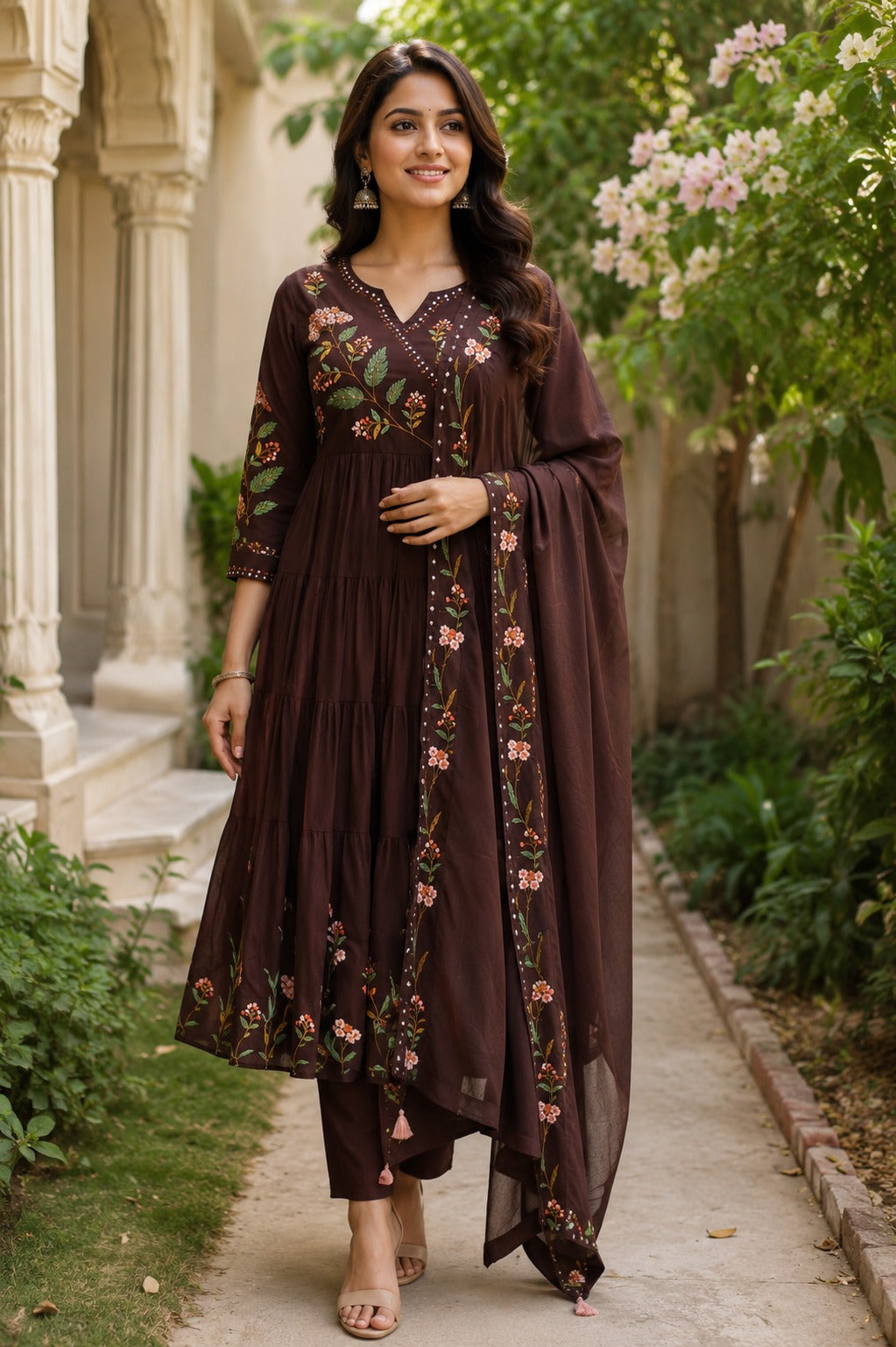 Brown Mul Cotton Hand Embroidery Anarkali Kurtha 882