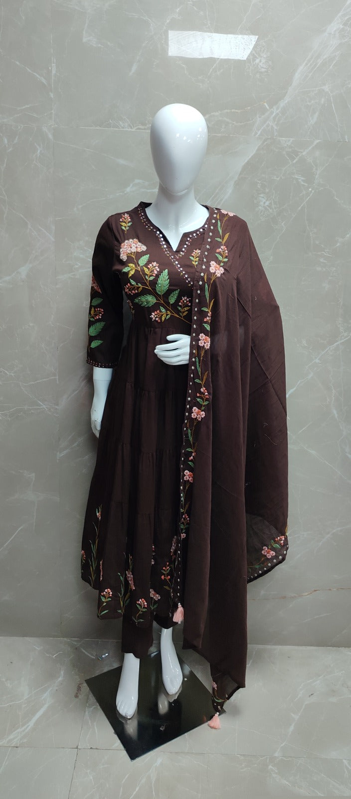 Brown Mul Cotton Hand Embroidery Anarkali Kurtha 882