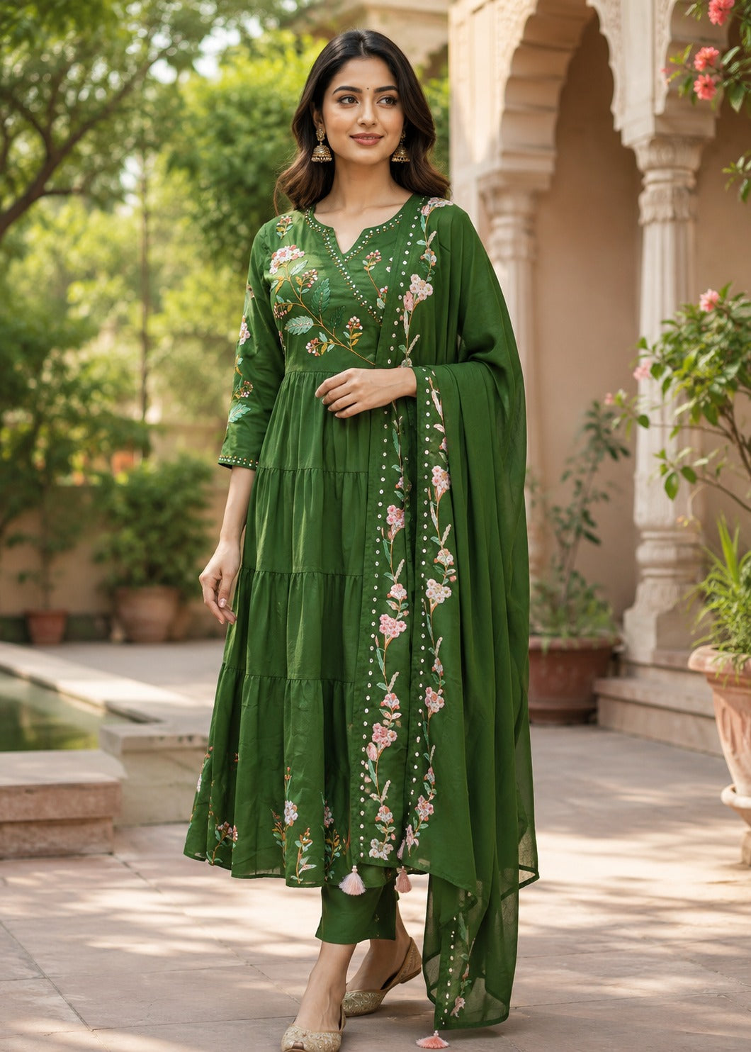 Green Mul Cotton Hand Embroidery Anarkali Kurtha 882
