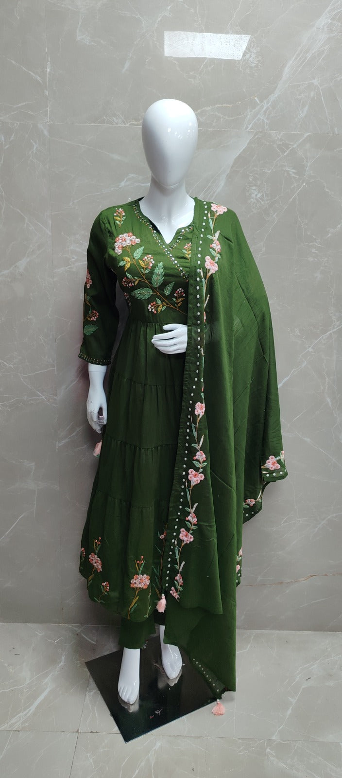 Green Mul Cotton Hand Embroidery Anarkali Kurtha 882