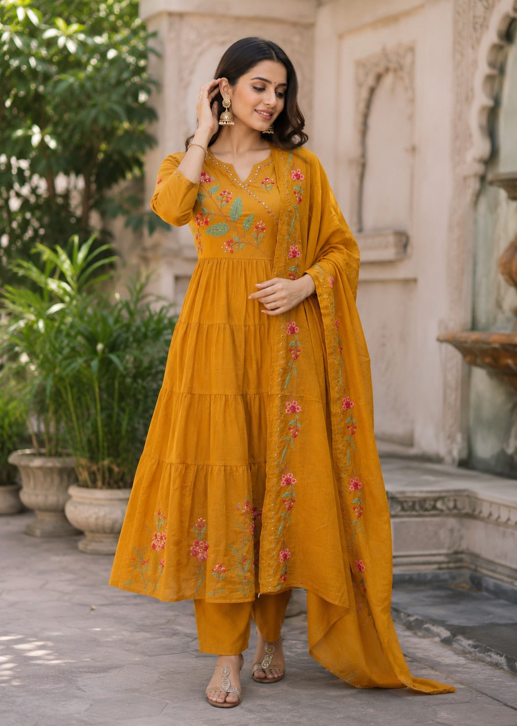Yellow Mul Cotton Hand Embroidery Anarkali Kurtha 882