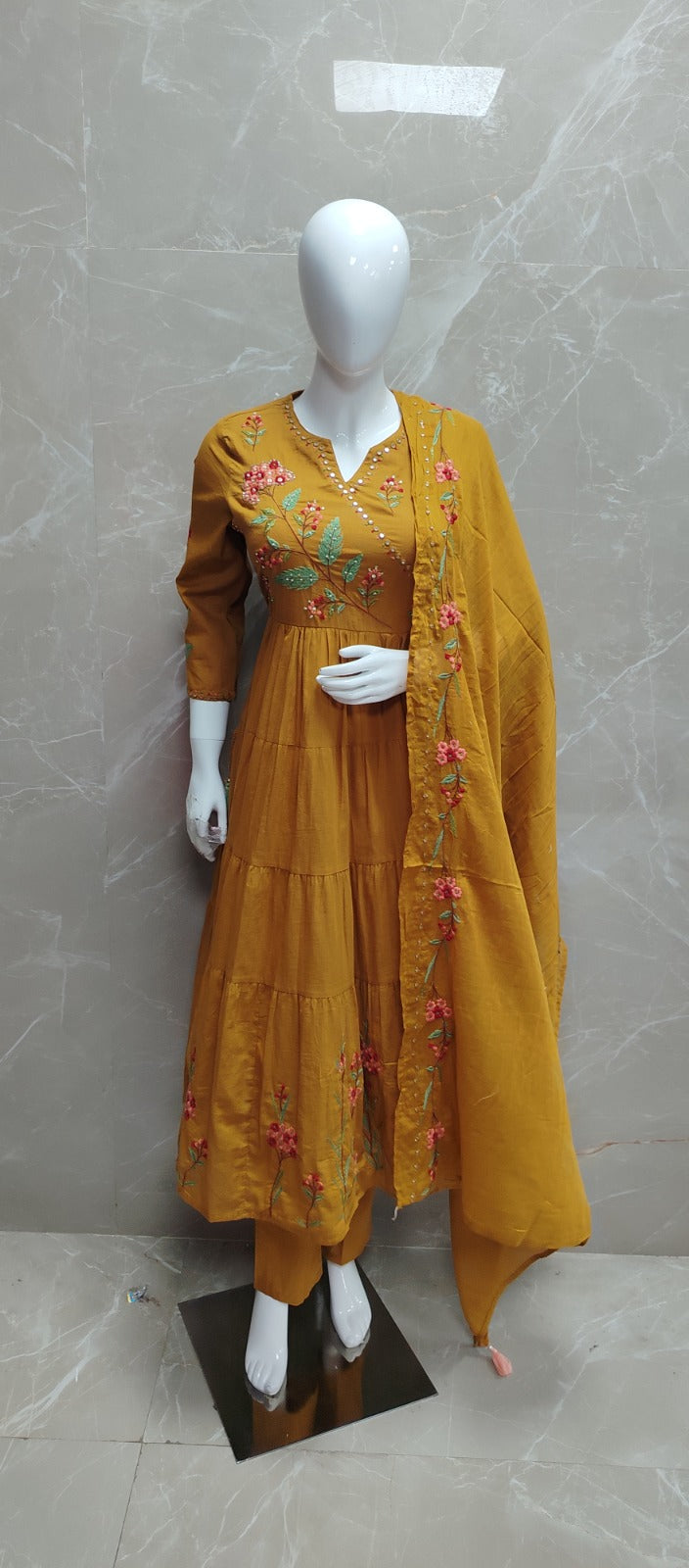 Yellow Mul Cotton Hand Embroidery Anarkali Kurtha 882