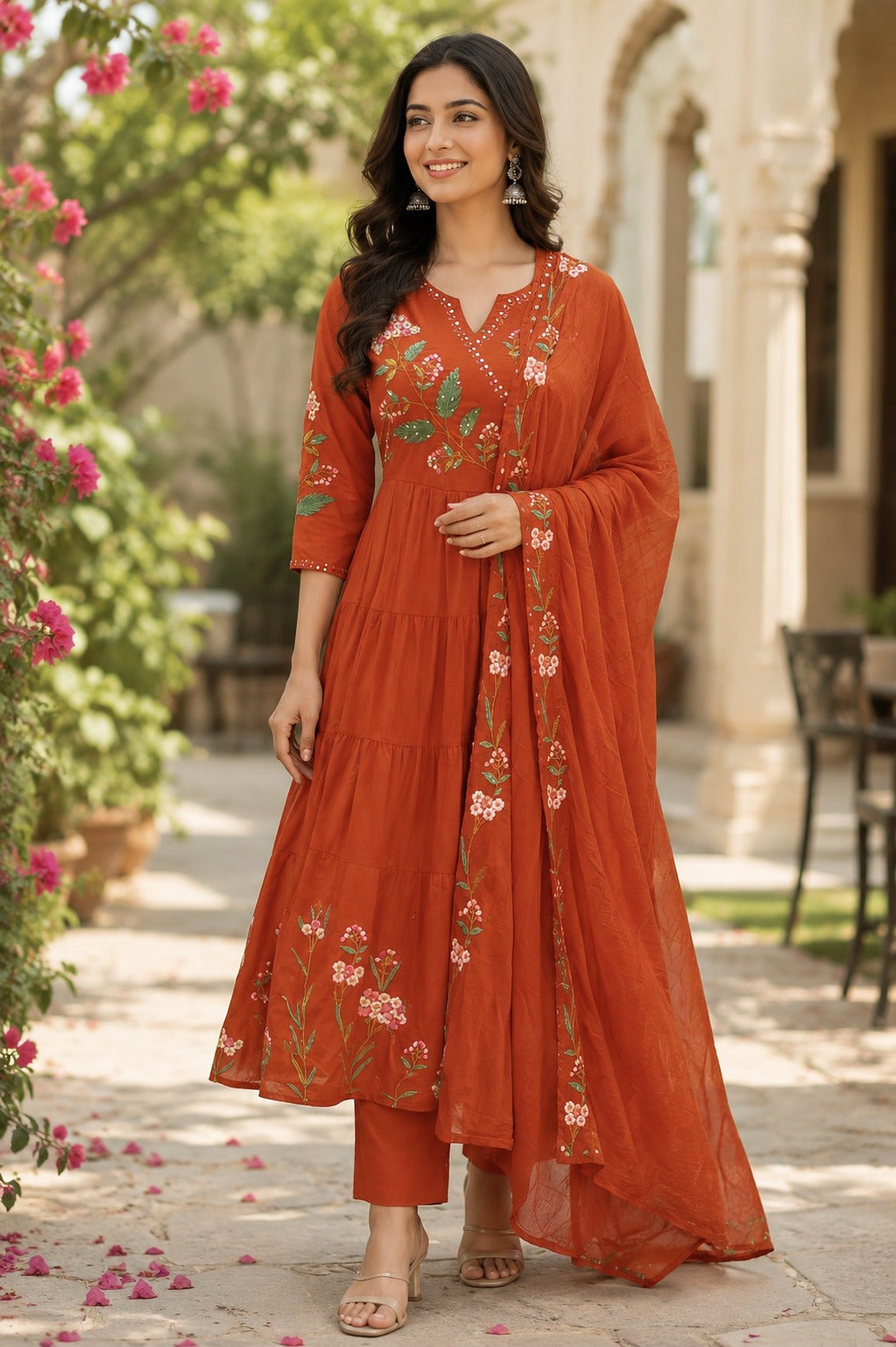 Orange Mul Cotton Hand Embroidery Anarkali Kurtha 882