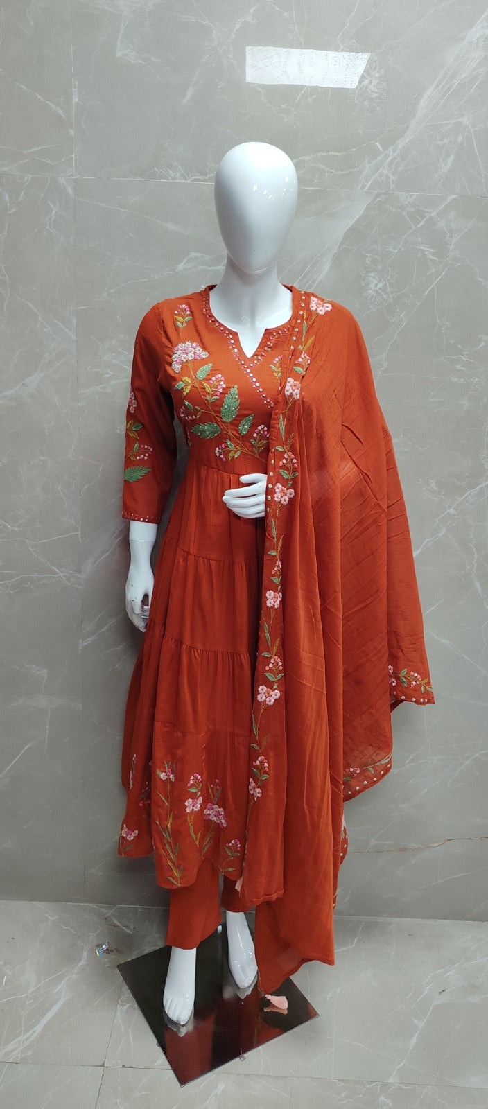 Orange Mul Cotton Hand Embroidery Anarkali Kurtha 882