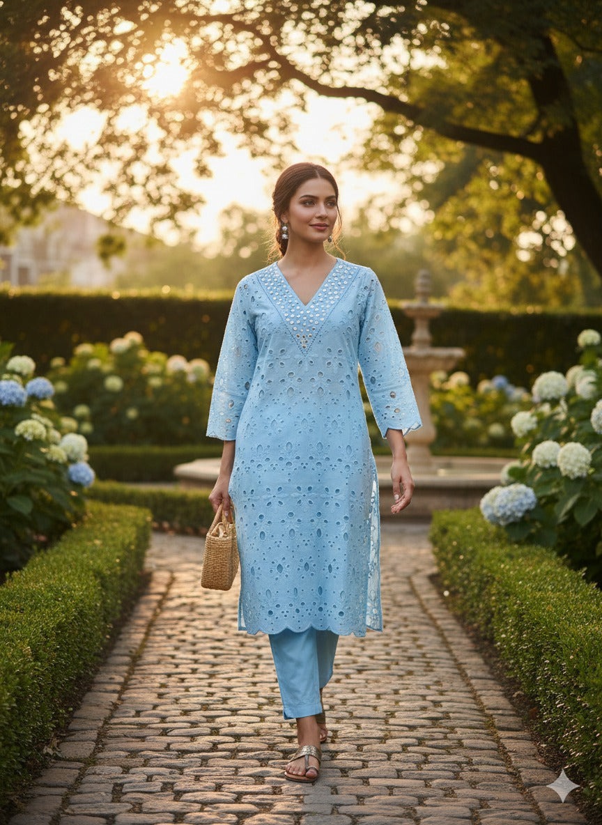 Sky Blue Cotton Hakoba Cord Set Kurtha 487