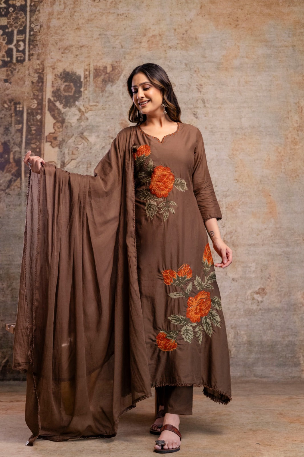 Brown Cotton Hand Embroidery A Line Kurtha 389