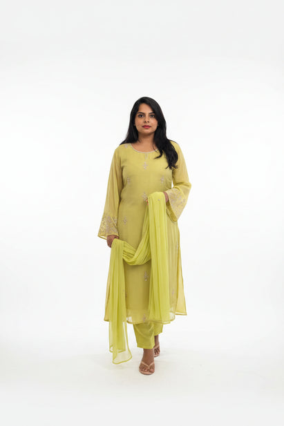 Parrot Green Chinnon Hand Embroidery Airline Kurtha 321