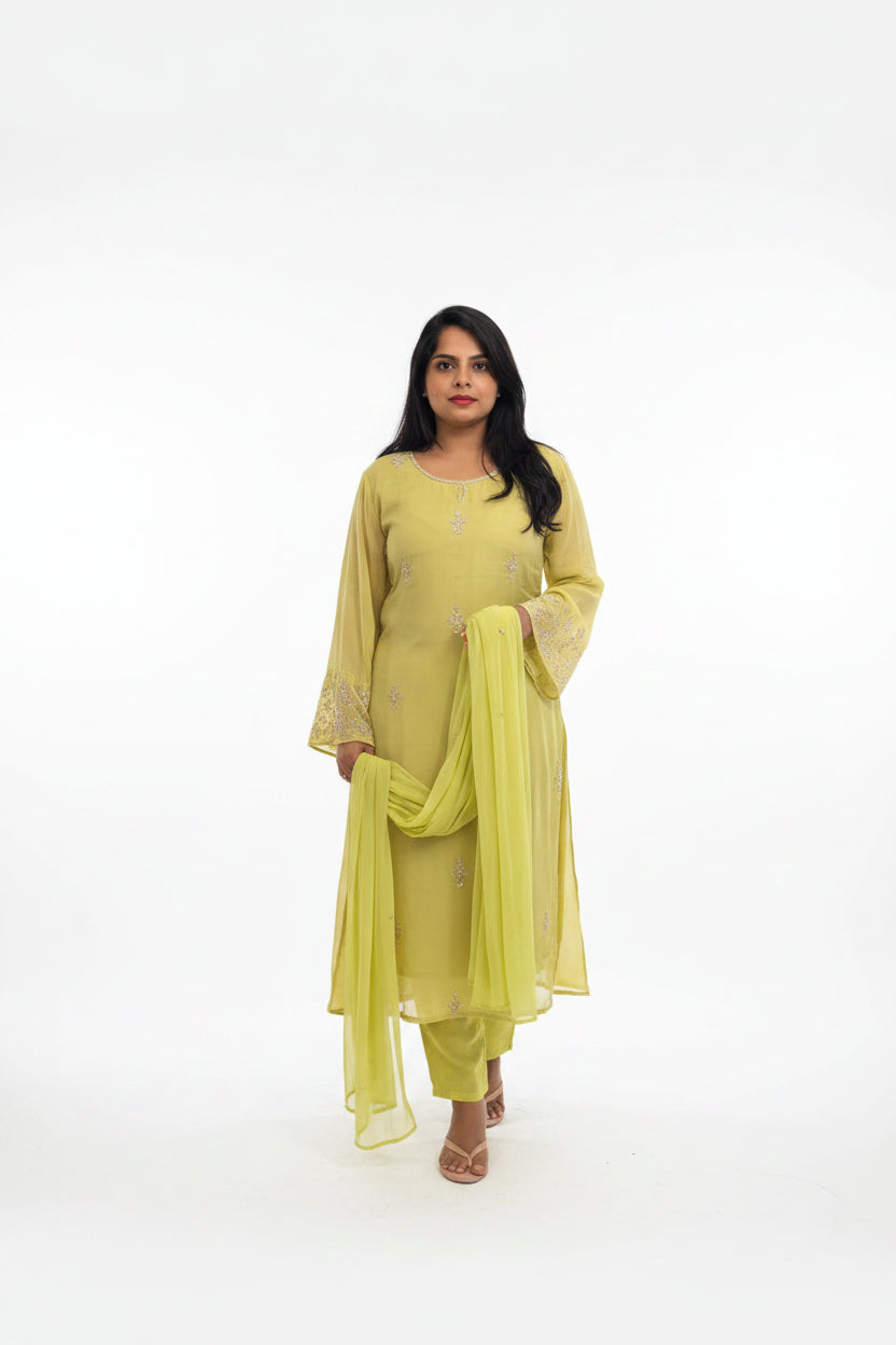 Parrot Green Chinnon Hand Embroidery Airline Kurtha 321