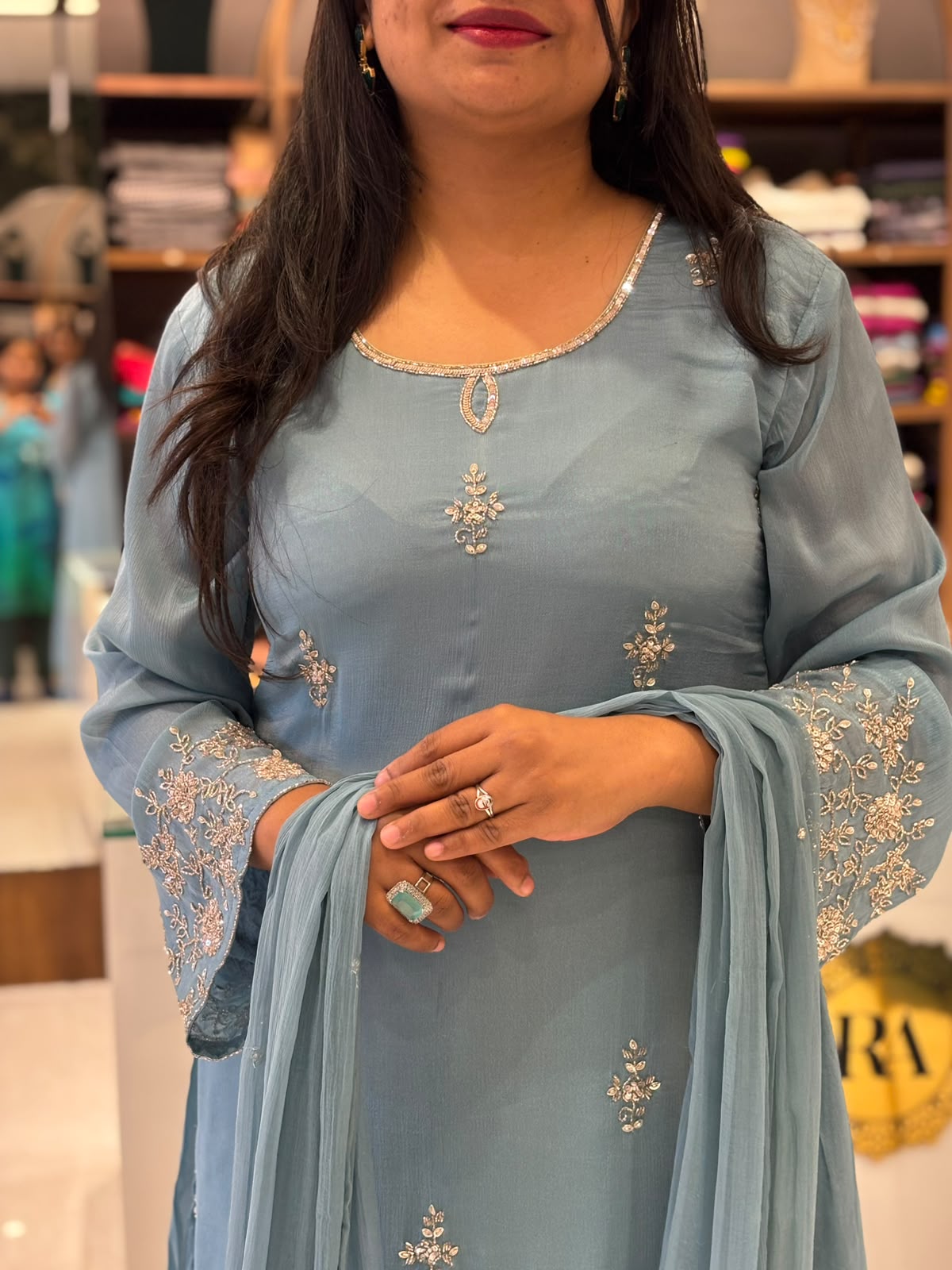 Light Blue Chinnon Hand Embroidery Airline Kurtha 321