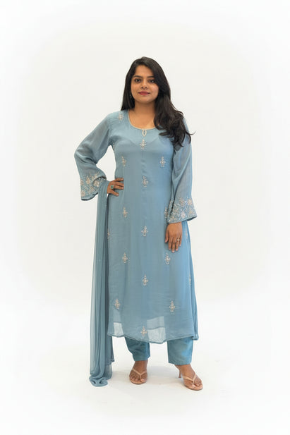 Light Blue Chinnon Hand Embroidery Airline Kurtha 321