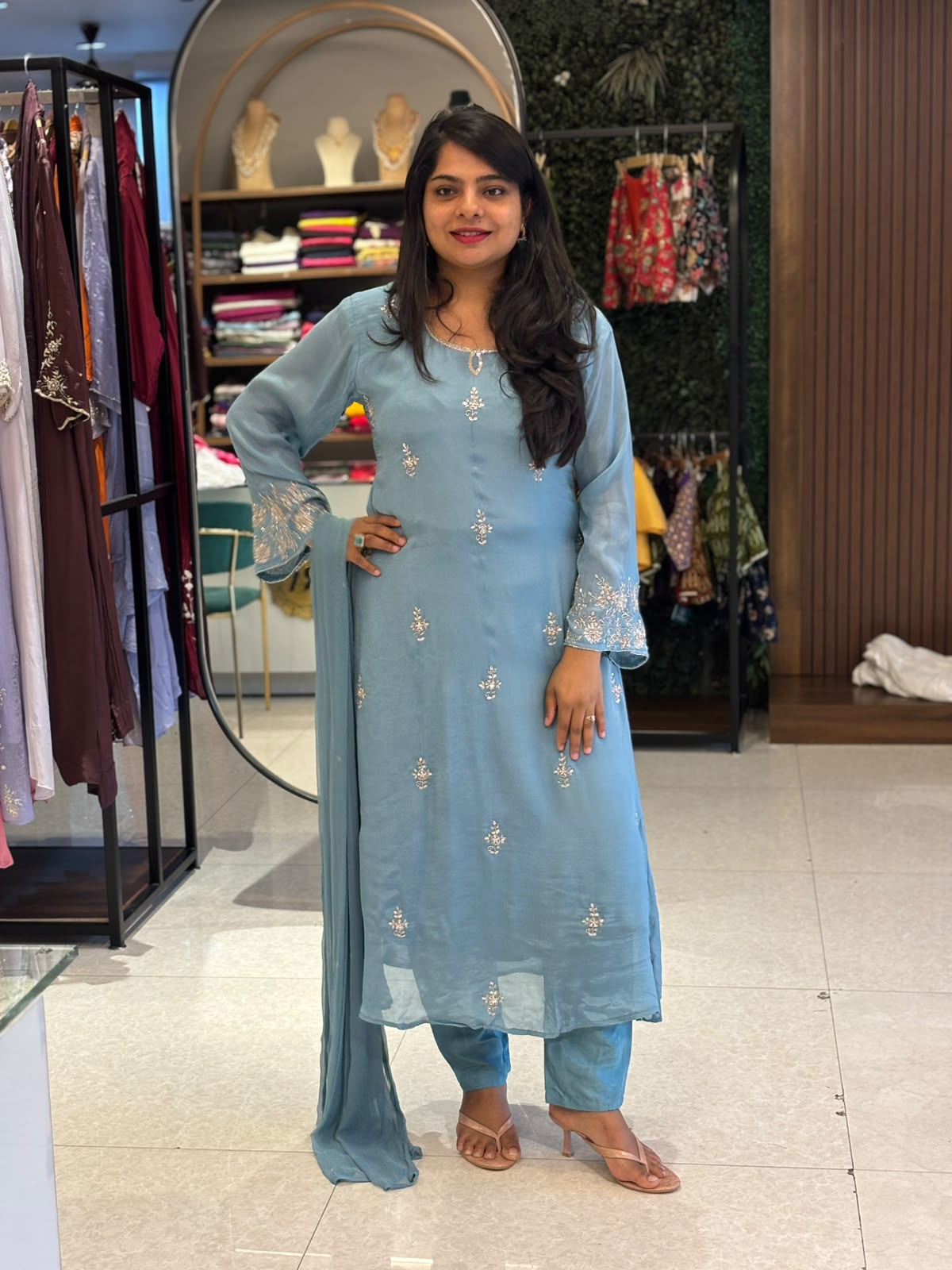 Light Blue Chinnon Hand Embroidery Airline Kurtha 321