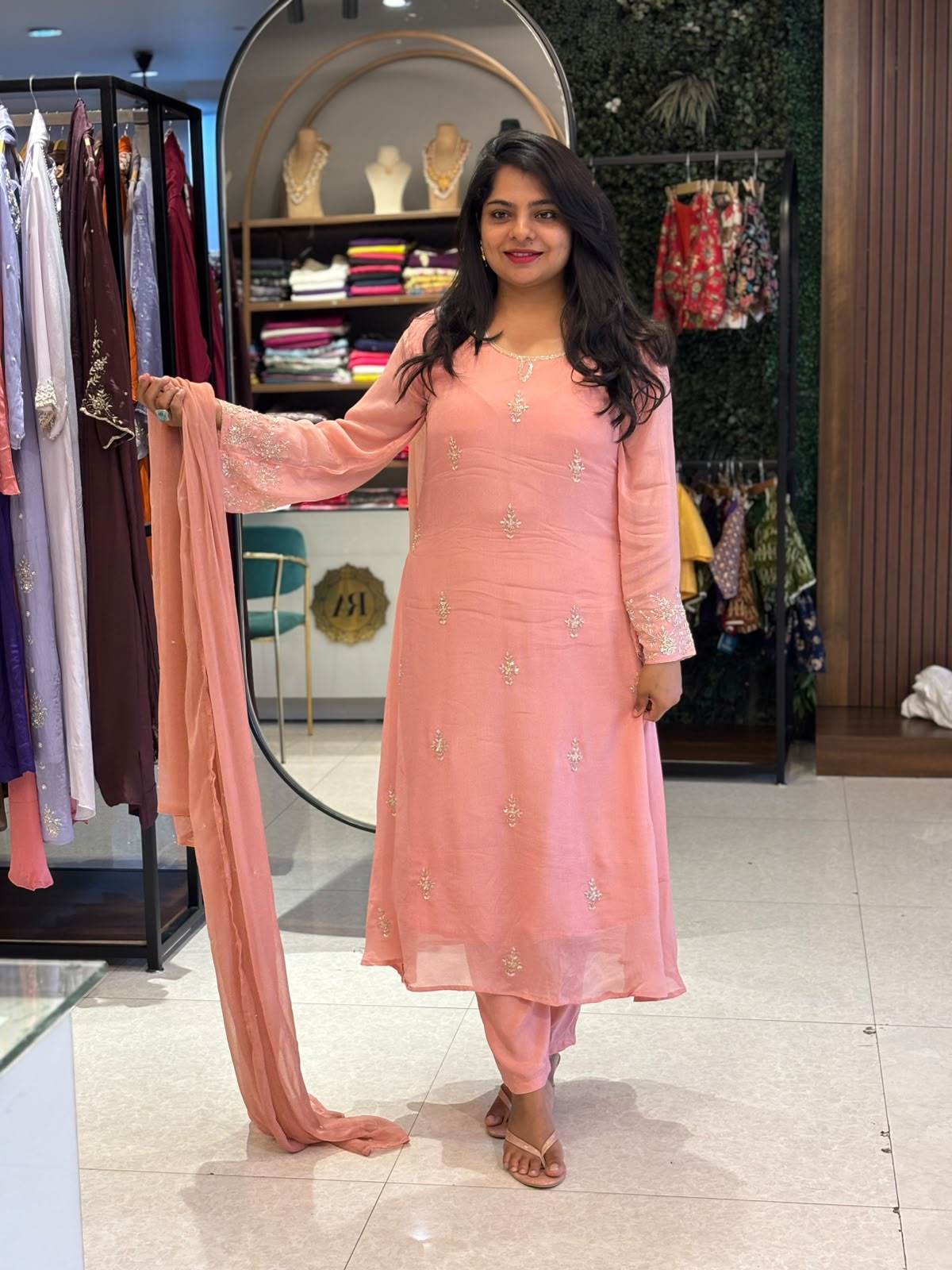 Baby Pink  Chinnon Hand Embroidery Airline Kurtha 321