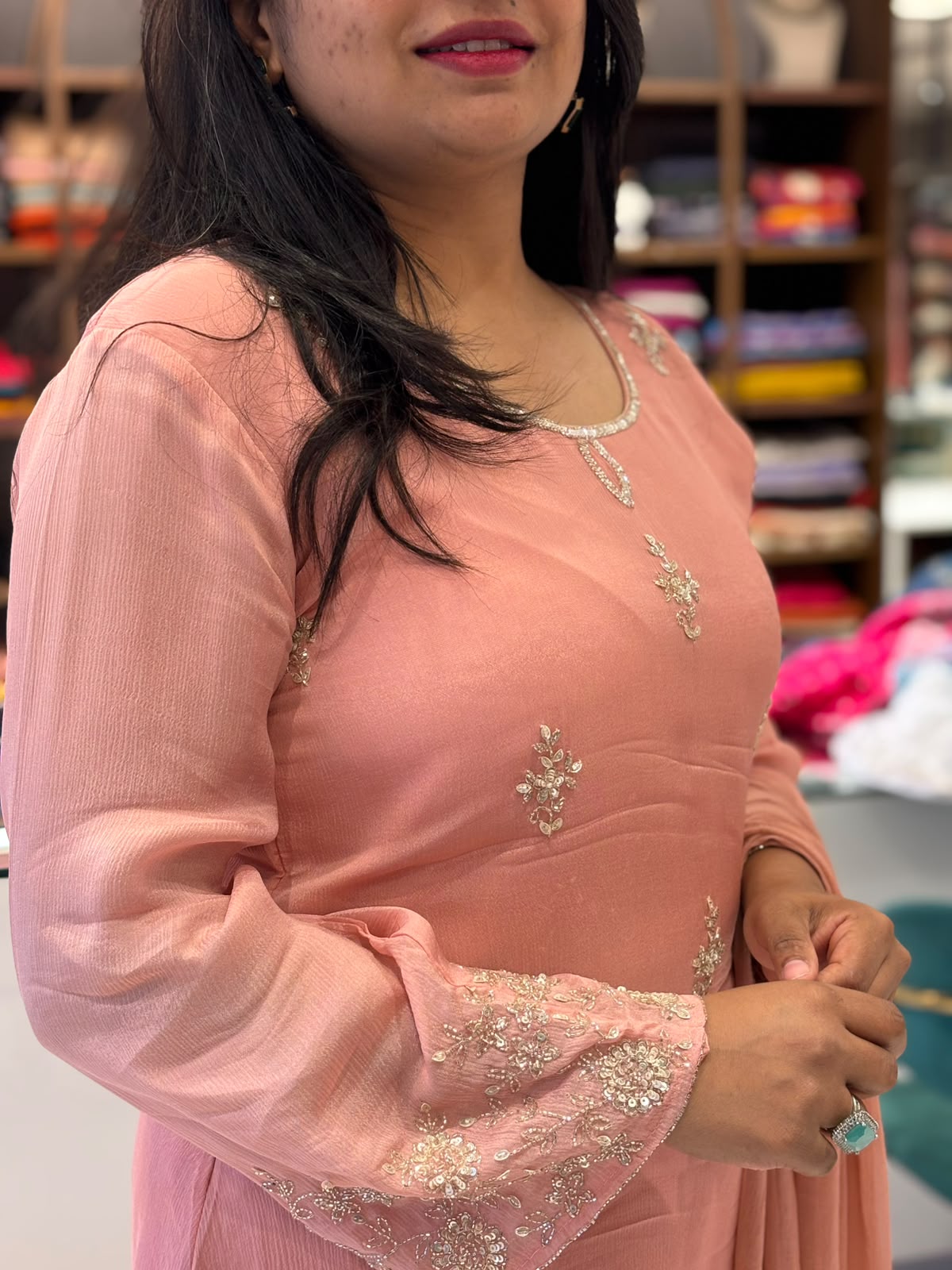 Baby Pink  Chinnon Hand Embroidery Airline Kurtha 321