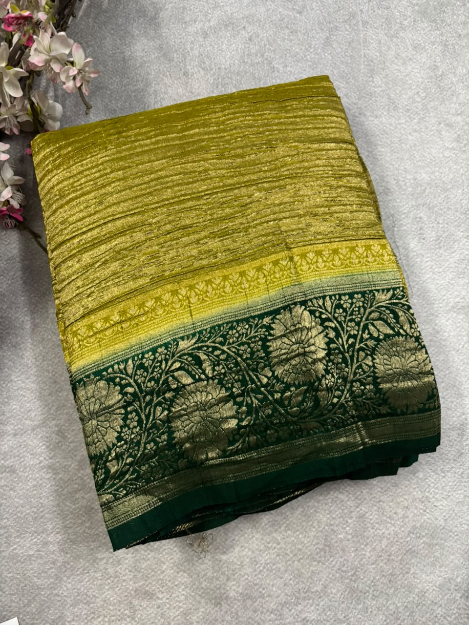 Yellow n green crush tissue saree