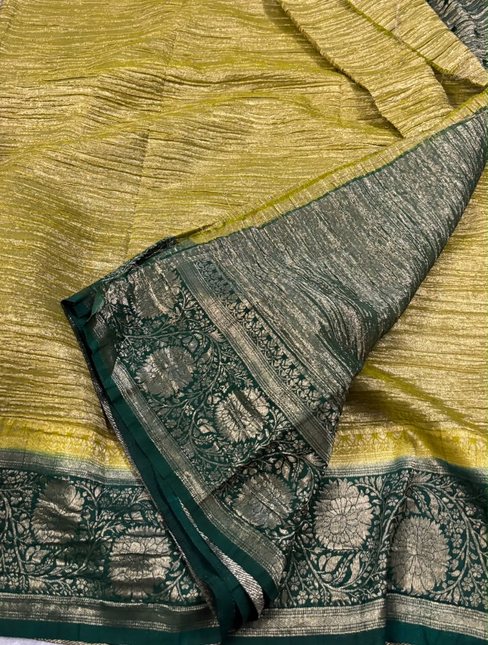 Yellow n green crush tissue saree